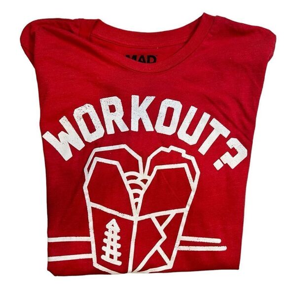 NWOT MAD Unisex Red Short Sleeve Graphic Tee Workout or Takeout - Size Large - Picture 2 of 5